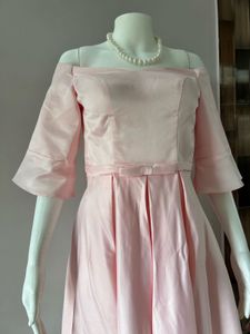 pink off shoulder satin midi gown