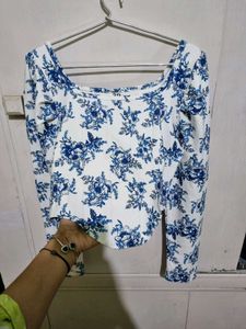 Blue And White Floral Print Long Sleeve Top