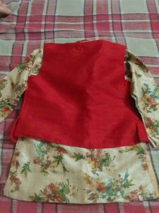 Floral Print Kurta with Red And White Jacket