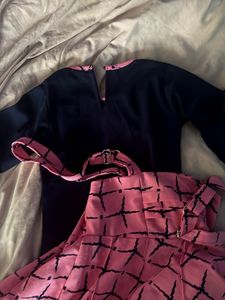 Pink Patterned Dress &amp; Navy Top Set