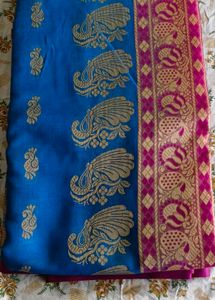 Blue Silk Saree with Peacock Design