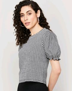 Fitted Black And White Checked Top