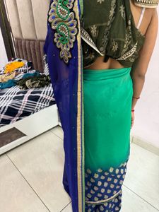 Elegant Green &amp; Blue Embroidered Saree
