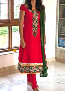 Ethnic Red Kurta Suit Set with Aplic Work.