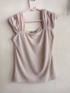 Cute Pink Puff Sleeve Ribbed Top