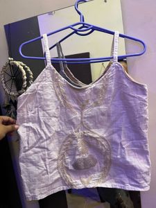 Embroidered Linen Blend Tank Top