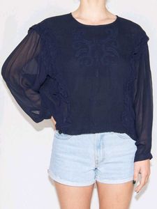 ZARA Navy Ruffle Trim Sheer Blouse