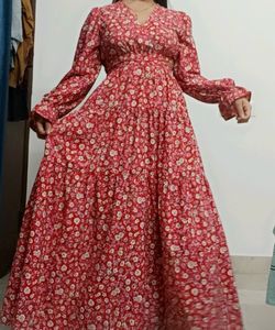 Women Red Crepe V-Neck Floral Print Maxi Dress