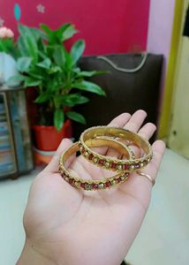 Gold &amp; Red Beaded Bangles - Set of 2