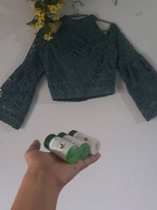 Elegant Cut Shoulder Green Embroidered Crop Top