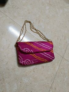 Pink Bandhani Clutch with Beaded Strap