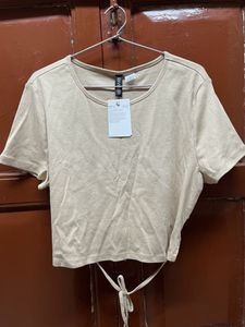 H&amp;M Beige Cropped Tie Detail Top