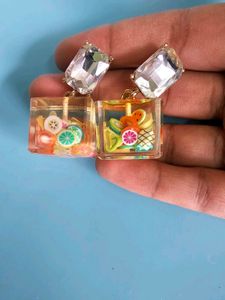 Stone Studded Glass Earrings With Miniature Fruits