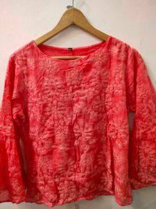 Coral Embroidered Bell Sleeve Top