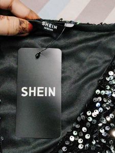 Shein Party Silver Puff Sleeves Embellished Dress