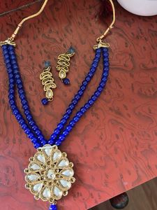 Blue beaded necklace and earring set