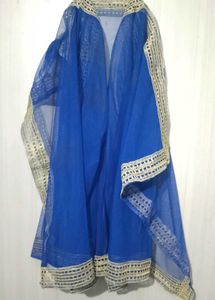 Blue Net Dupatta with Gold Trim