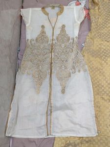 White Kurti With Golden Inner and Golden thread Work On It