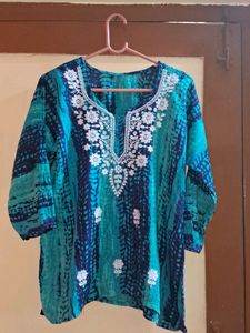 GREEN AND BLUE PRINTED CHIKANKARI TOP