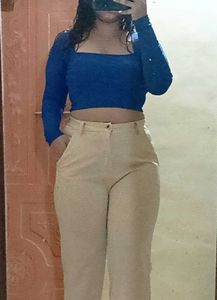 Blue Crop Top &amp; Beige Pants Set