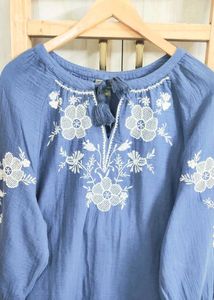 Blue Embroidered Peasant Top size-44