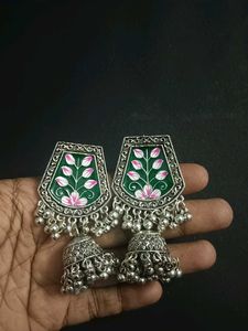 Meenakari Silver Oxidised Jhumka Earrings