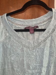 Aqua Embroidered V-Neck Top