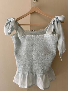 Blue Tie-Strap Smocked Top