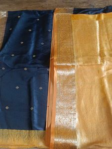 Pure Silk Black Sari With Mustard Gold Pallu