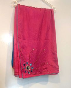 Pink Mirror Work Saree With Unstitched Blouse