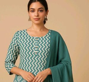 Chic Zigzag Kurta Set with Dupatta – Stylish