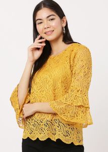 Yellow Lace Top with Ruffle Sleeves