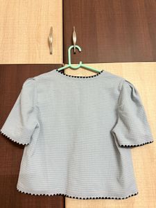 Blue Trimmed Button-Up Top
