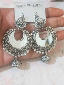 Mirror Oxidised Traditional Work Earings