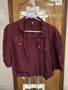 Maroon Cropped Denim Jacket