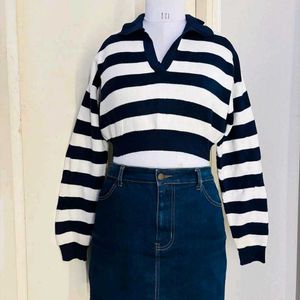 Striped Knit Sweater with Collar