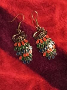 Leaf Drop, Peacock, Silver Earrings