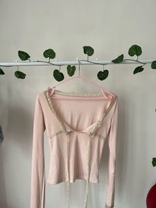 Pink Lace Trim Long Sleeve Top