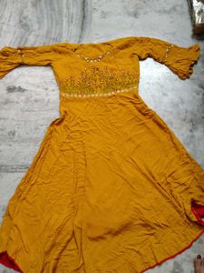 Mustard Thread Work Anarkali Flared Kurti