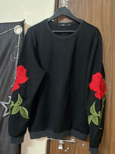 Black Sweatshirt with Rose Embroidery