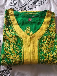 Beautiful green yellow  cotton kurti wth pakistani embroidery