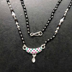 Pure Silver Beautiful Green &amp; Pink CZ Mangalsutra