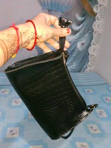 Black Croc Embossed Baguette Bag