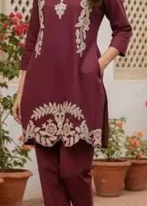 Embroidered Maroon Kurta Set