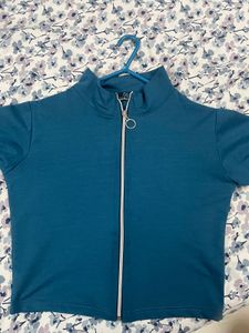 Teal Zip-Up Ribbed Long Sleeve Top And Trouser