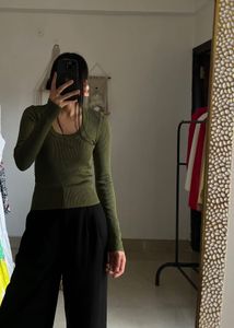 ZARA Green Long Sleeve Crop Top