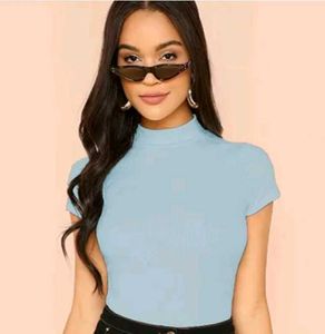 Light Blue Ribbed Mock Neck Top