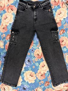 Gray Denim Cargo Pants