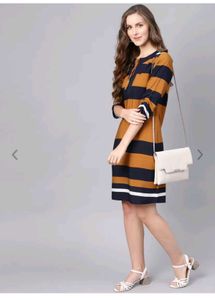 Rust Brown And Navy Blue Striped Shift Dress