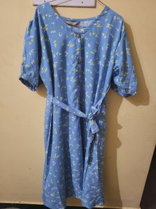 Sky Blue Elegant Dress, Calf Length With Full Open Button In Front.